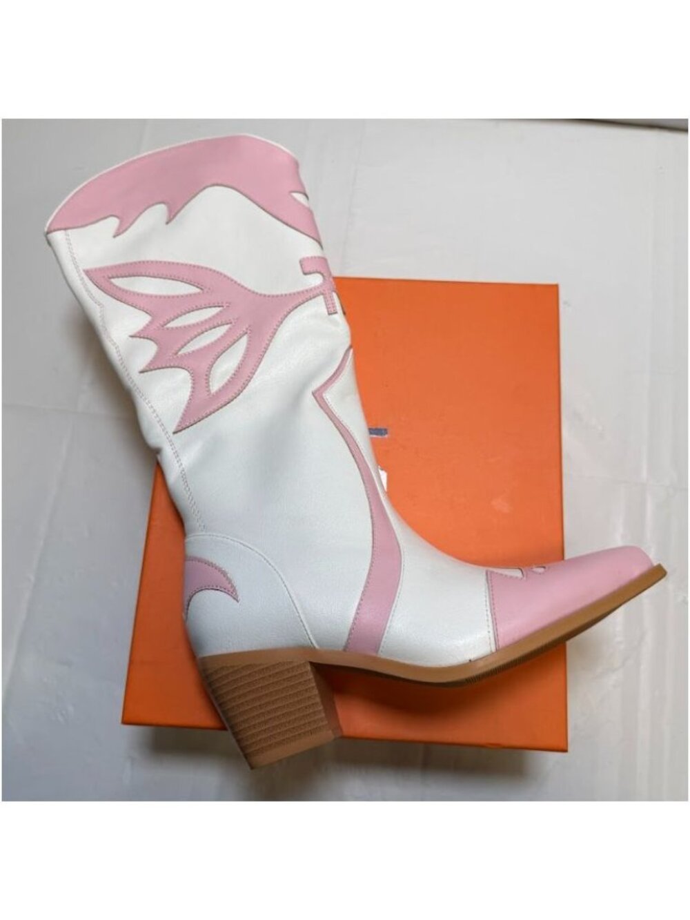 LCQ Womens Western Cowgirl Boots Knee High White & Pink Butterfly Size 7 NEW - Picture 2 of 5